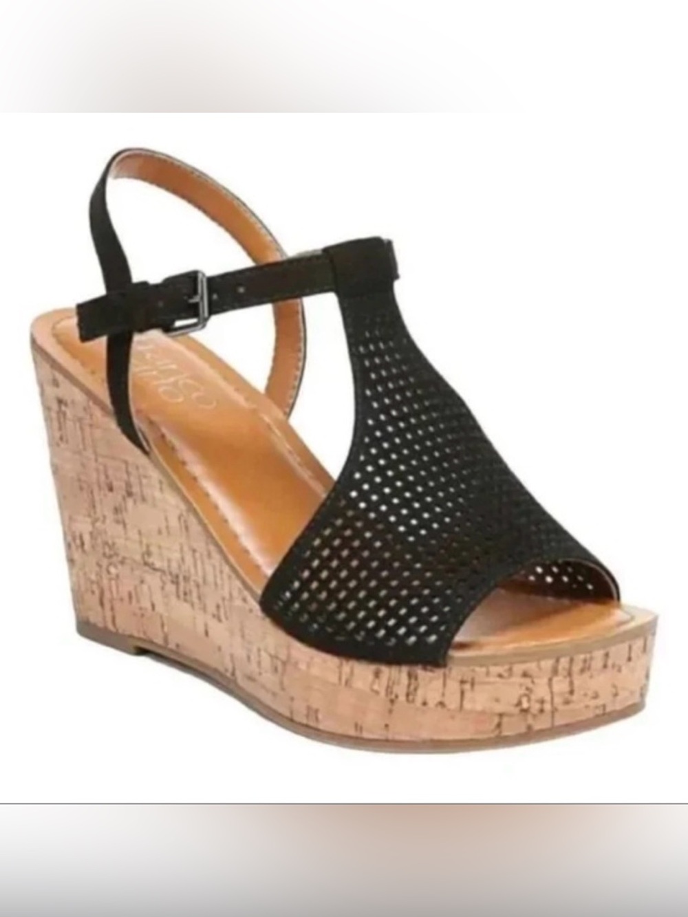 Black Perforated Wedge Sandals with Cork Heel